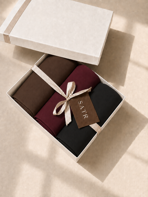SATR Dark Shades Trio gift box — three folded chiffon hijabs in coffee brown, beetroot and black