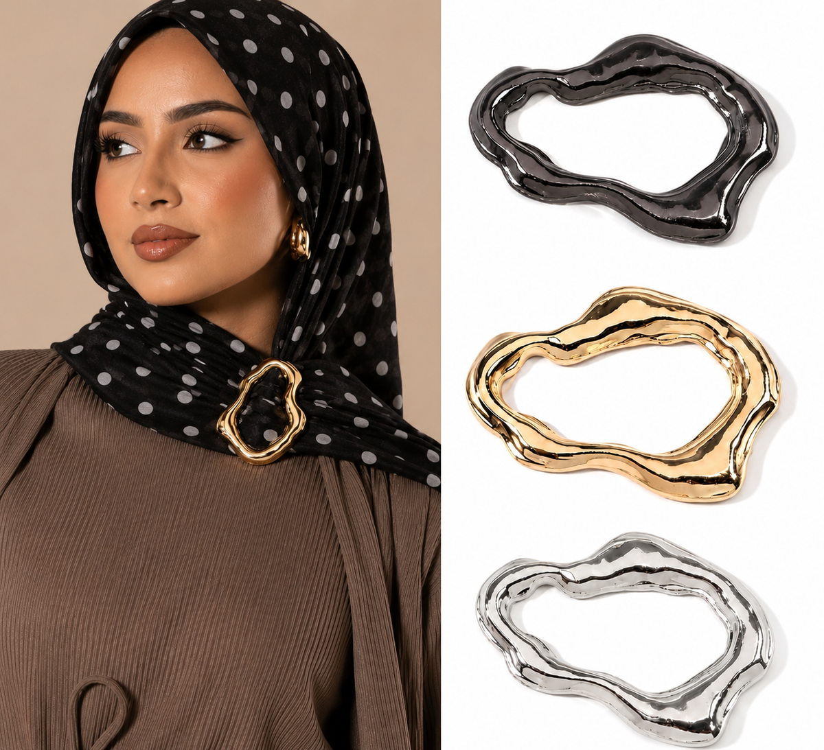 Model wearing polka dot hijab with metallic buckle — gunmetal, gold, and silver